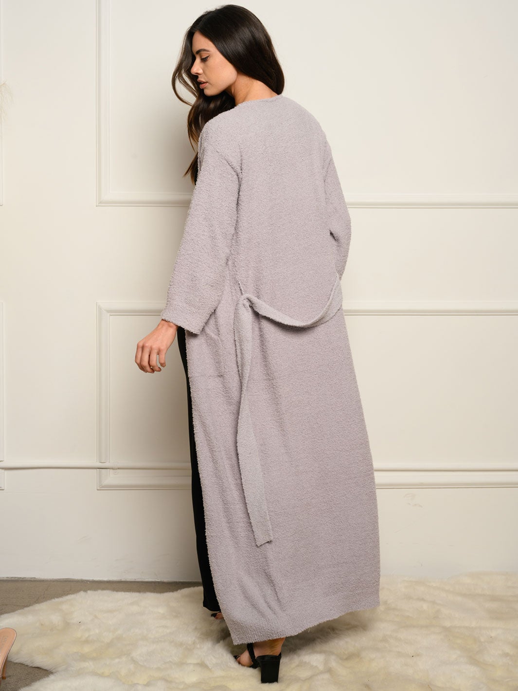 WOMEN'S LONG SLEEVE SELF TIE FUZZY CARDIGAN