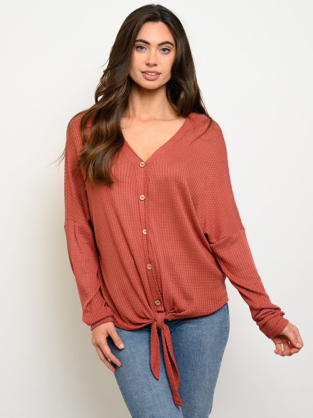 WOMEN'S BRUSHED WAFFLE BUTTON UP TOP