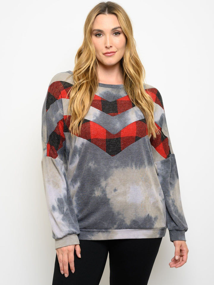 PLUS SIZE TIE DYE PLAID DETAIL LONG SLEEVE TOP