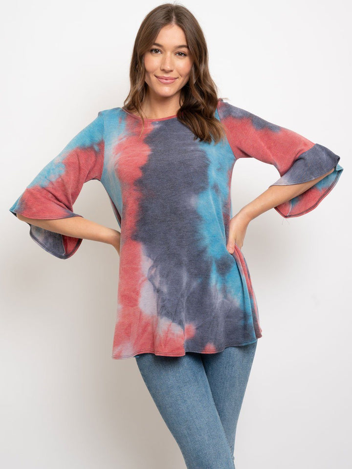 WOMEN'S MULTI 3/4 RUFFLE SLEEVE TUNIC TOP