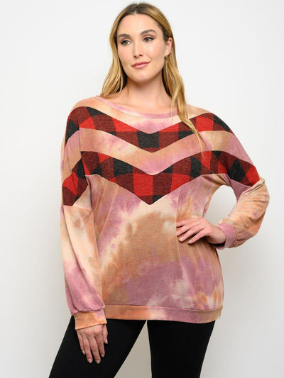 PLUS SIZE TIE DYE PLAID DETAIL LONG SLEEVE TOP