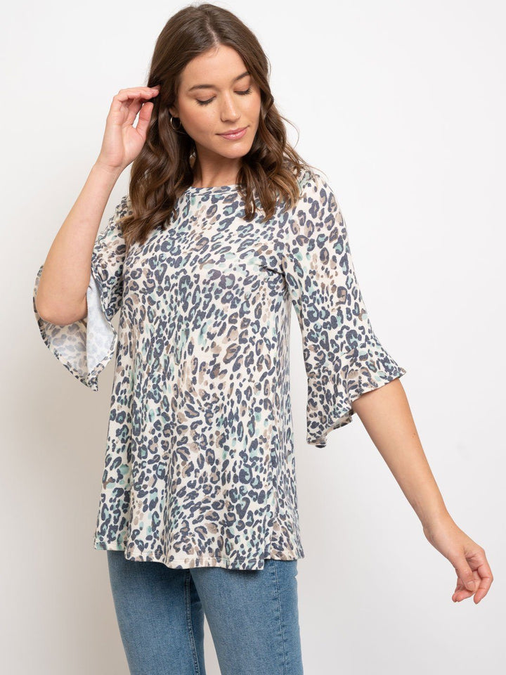 WOMEN'S ANIMAL PRINT 3/4 RUFFLE SLEEVE TUNIC TOP