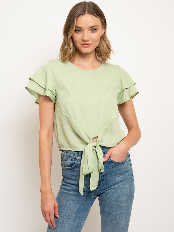 WOMEN'S FLUTTER DOUBLE SHORT SLEEVE FRONT TIE TOP