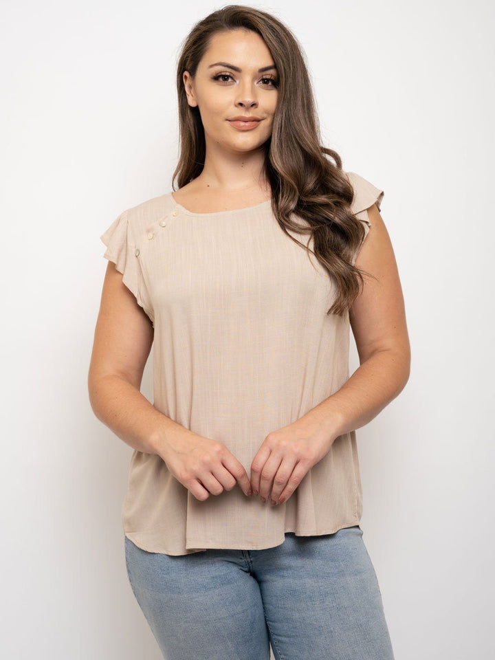 PLUS SIZE FRILL CAP YOKE BUTTON TOP