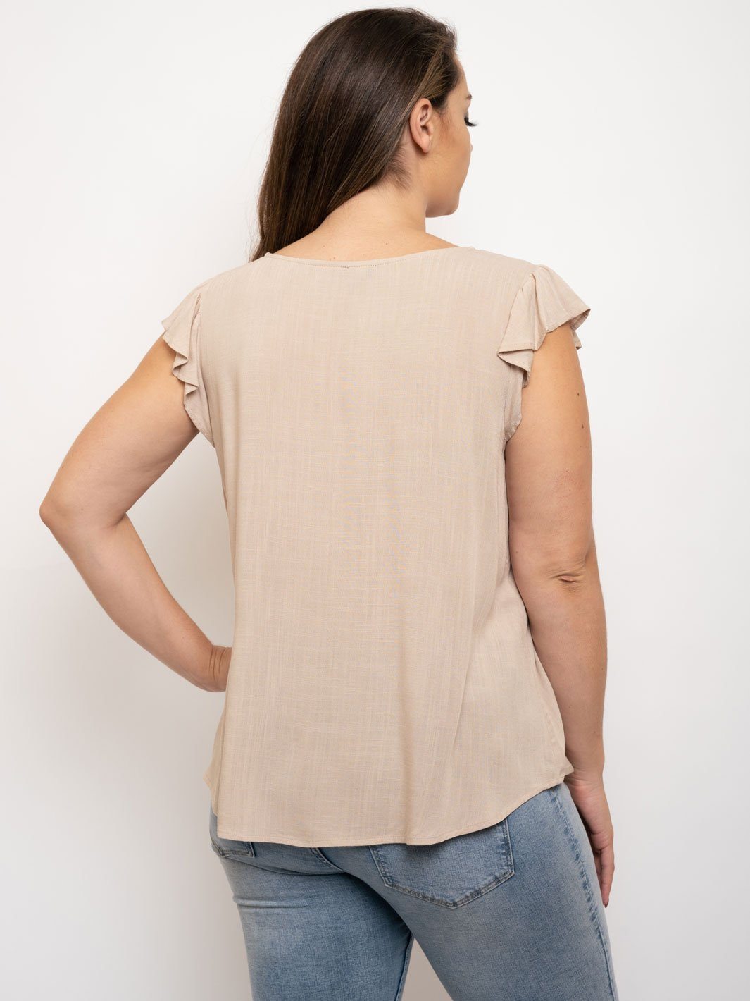 PLUS SIZE FRILL CAP YOKE BUTTON TOP