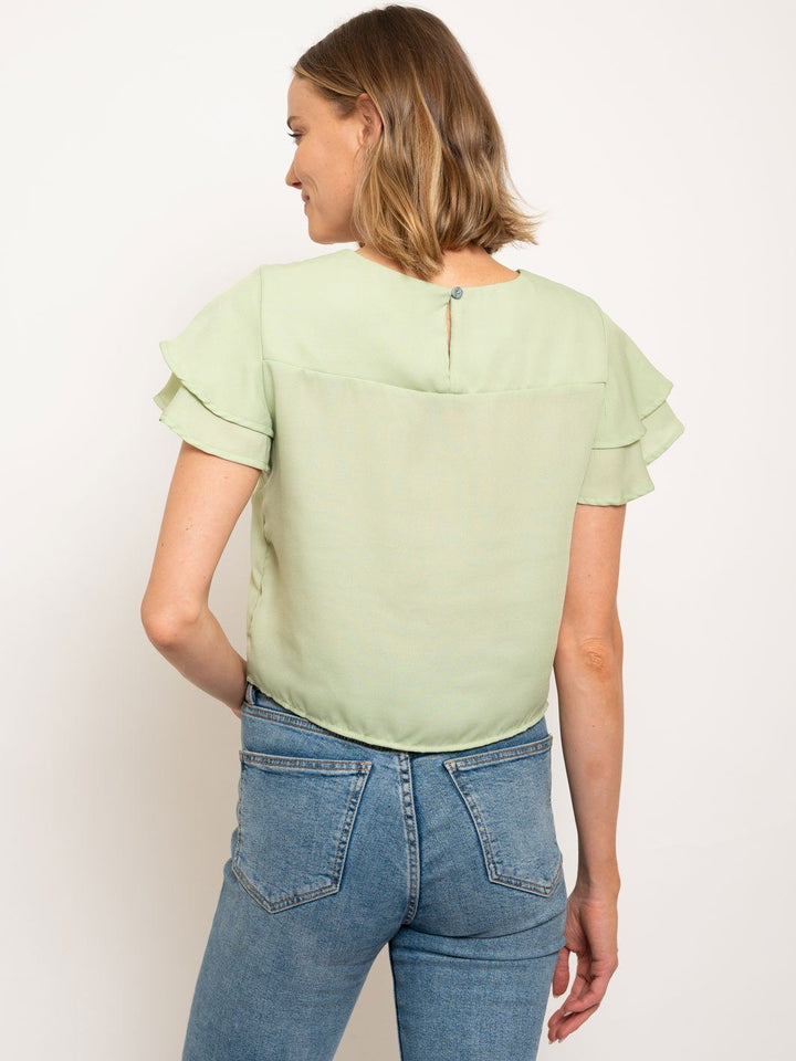 WOMEN'S FLUTTER DOUBLE SHORT SLEEVE FRONT TIE TOP