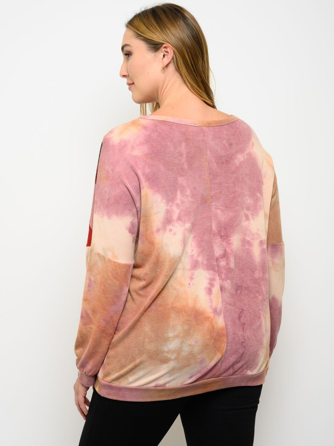 PLUS SIZE TIE DYE PLAID DETAIL LONG SLEEVE TOP