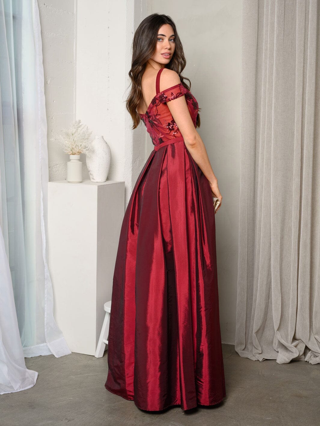 WOMEN'S SHORT SLEEVE EMBROIDERY MESH SATIN GOWN DRESS