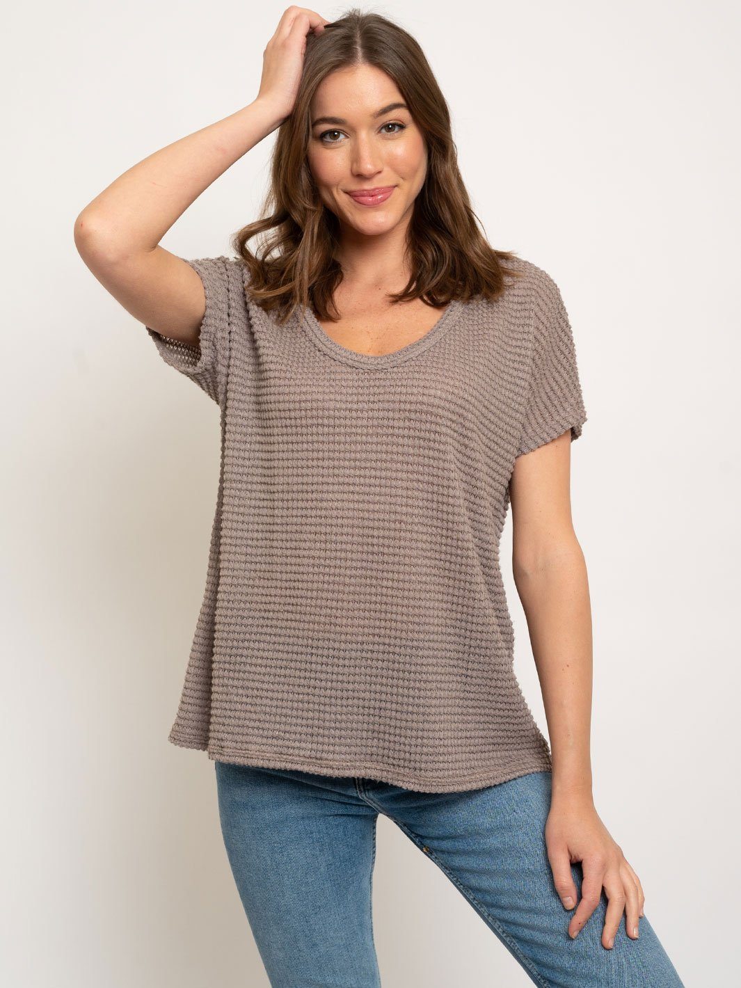 HEAVY WAFFLE SCOOP NECK SHORT SLEEVE TOP