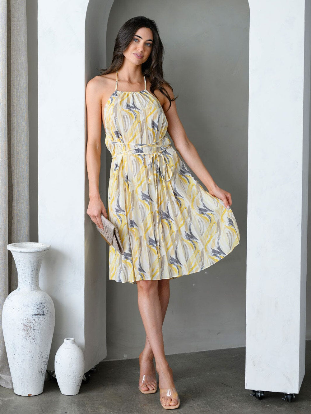 WOMEN'S BACKLESS HALTER NECK MULTI PRINT MIDI DRESS