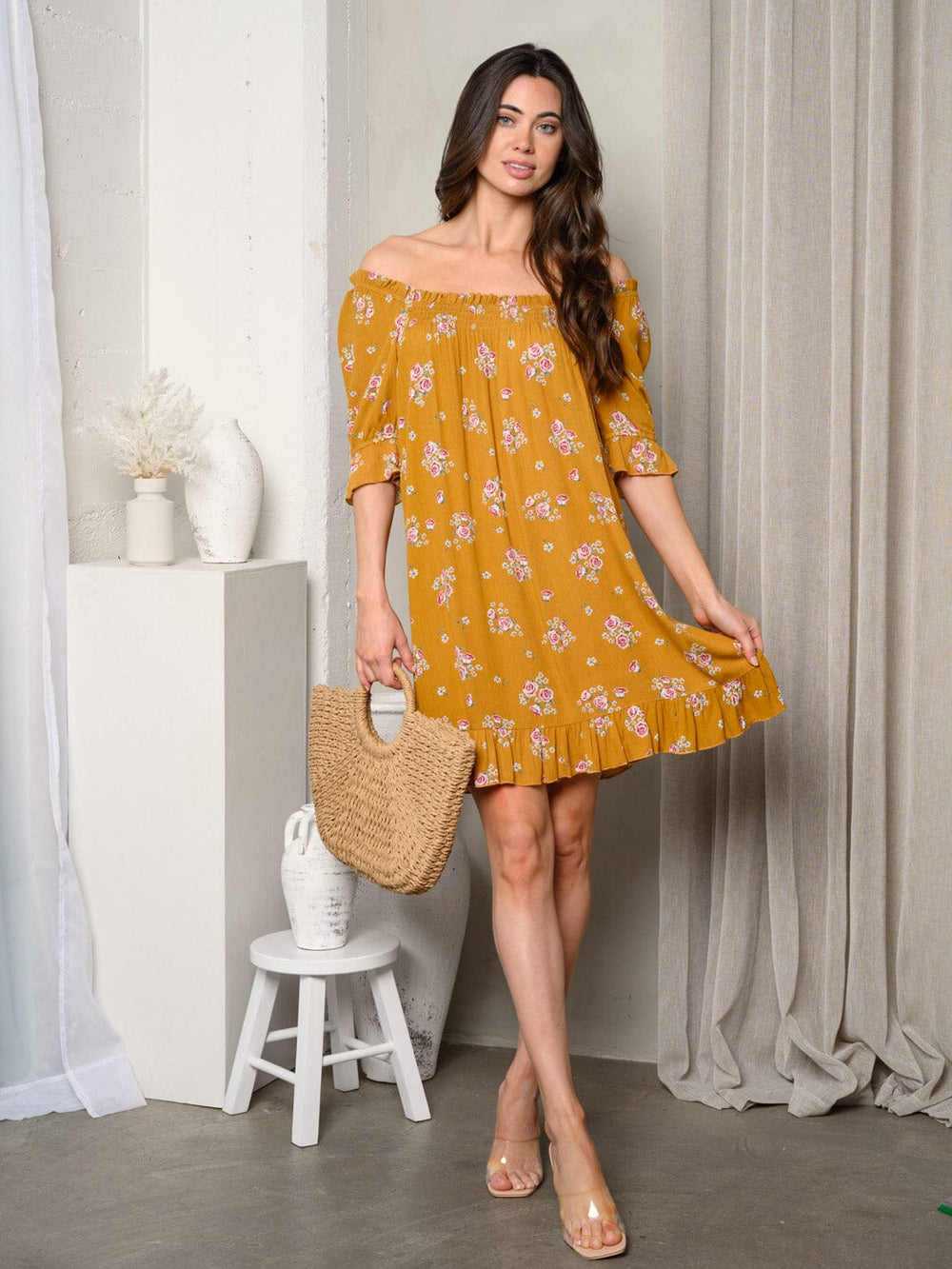 WOMEN'S SHORT SLEEVE OFF SHOULDER FLORAL MINI DRESS