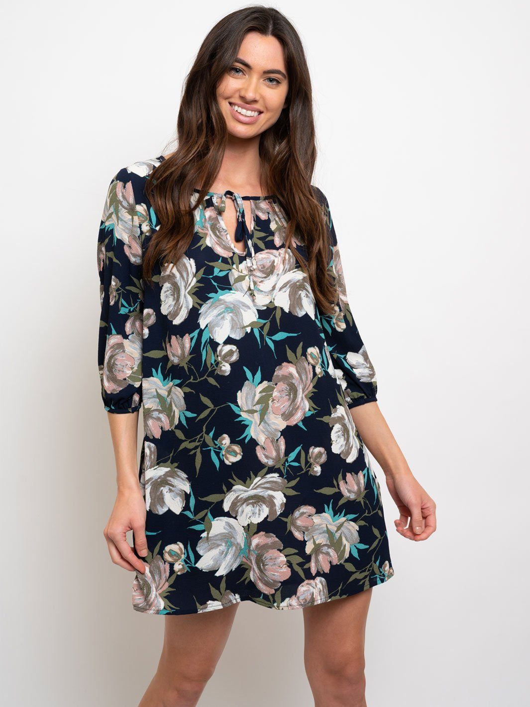 WOMEN'S FLORAL PRINT 3/4 SLEEVES SHIFT DRESS