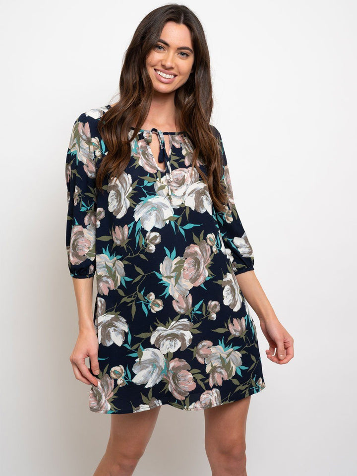 WOMEN'S FLORAL PRINT 3/4 SLEEVES SHIFT DRESS