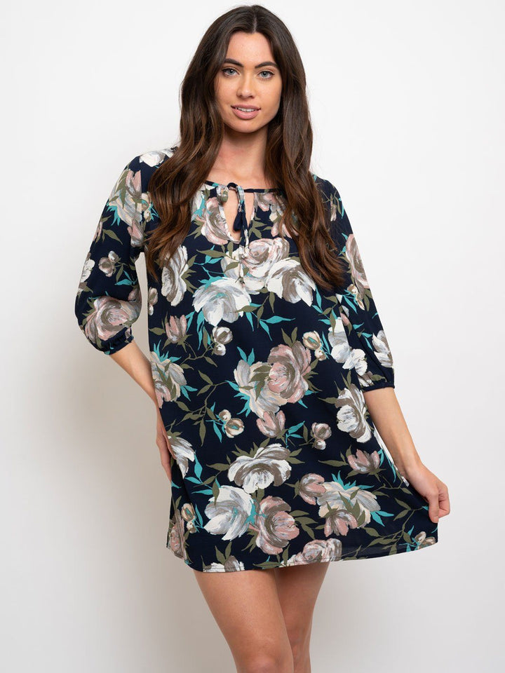 WOMEN'S FLORAL PRINT 3/4 SLEEVES SHIFT DRESS