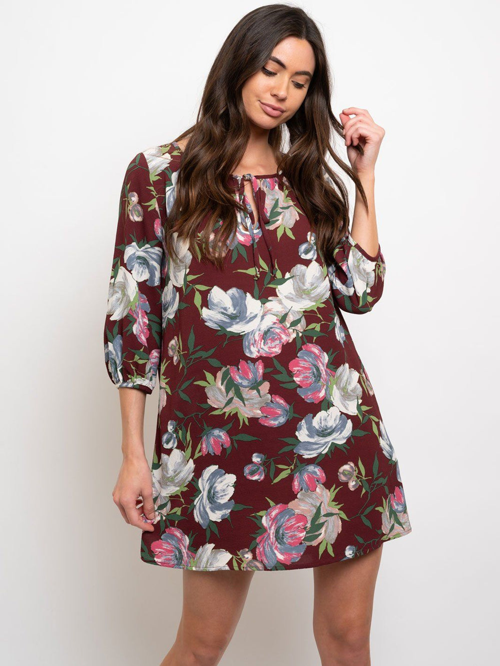 WOMEN'S FLORAL PRINT 3/4 SLEEVES SHIFT DRESS