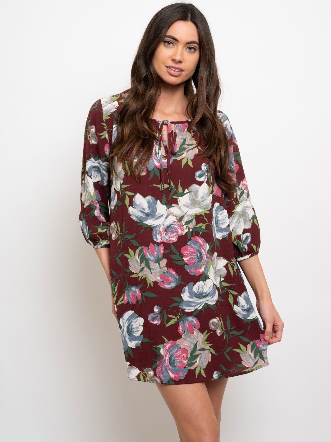 WOMEN'S FLORAL PRINT 3/4 SLEEVES SHIFT DRESS