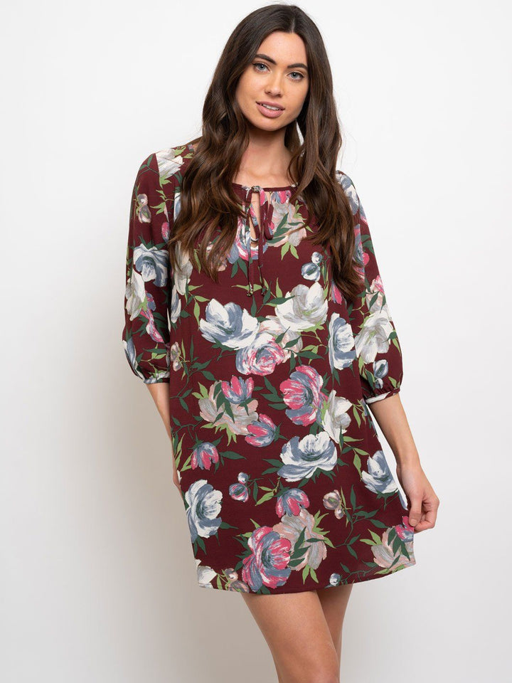 WOMEN'S FLORAL PRINT 3/4 SLEEVES SHIFT DRESS