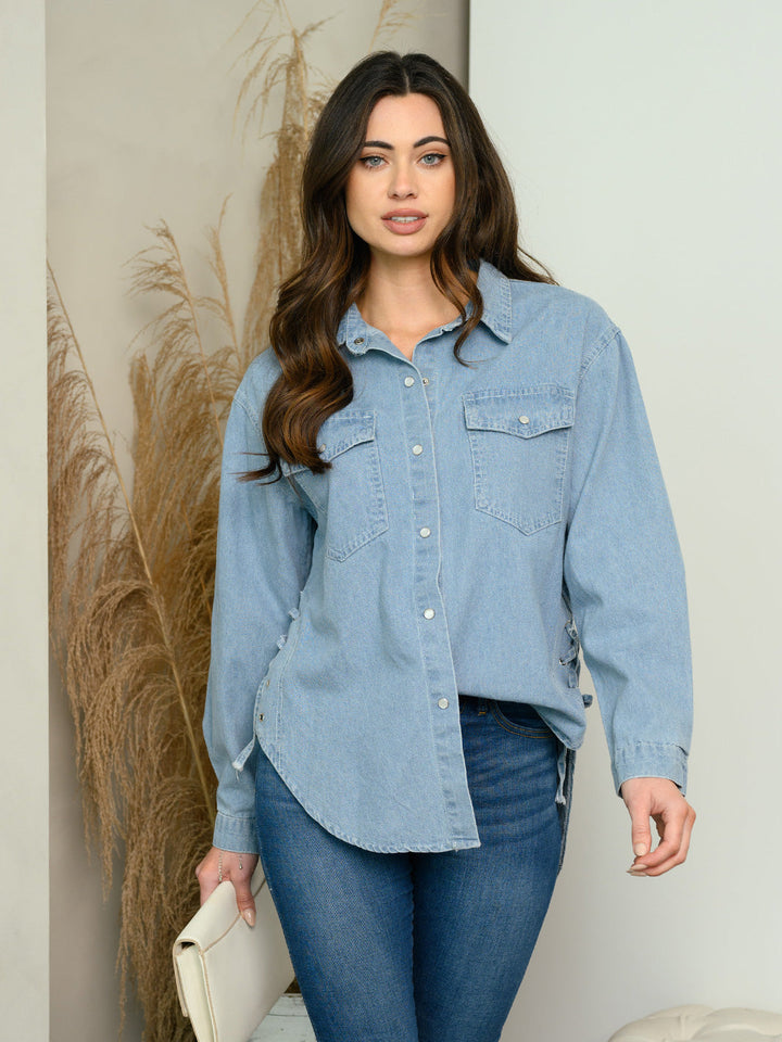WOMEN'S LONG SLEEVE SIDE LACE UP DENIM TOP