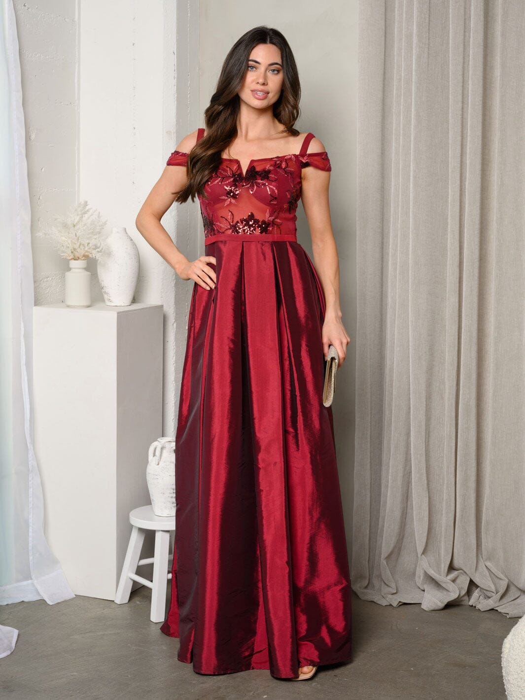 WOMEN'S SHORT SLEEVE EMBROIDERY MESH SATIN GOWN DRESS