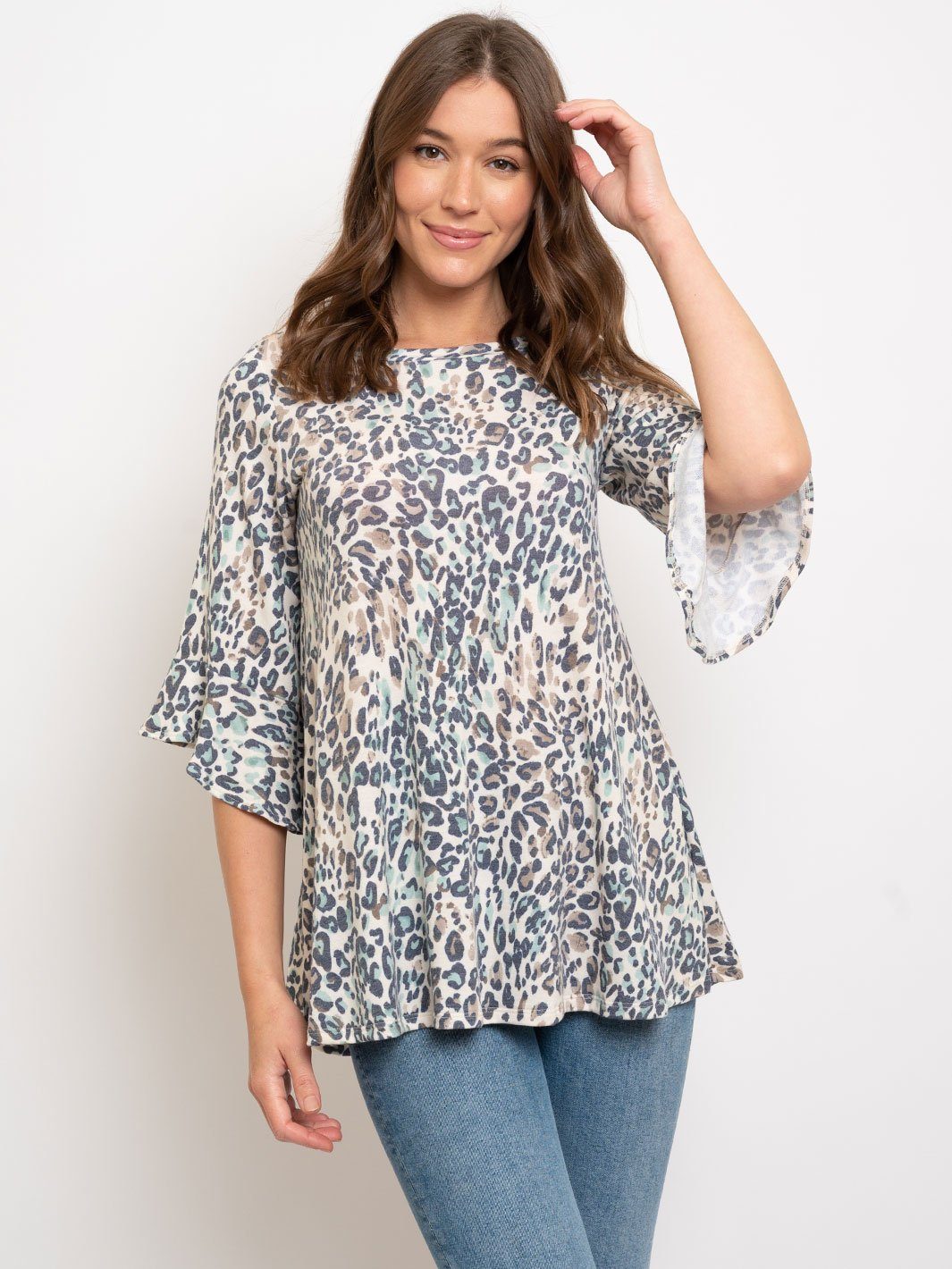 WOMEN'S ANIMAL PRINT 3/4 RUFFLE SLEEVE TUNIC TOP