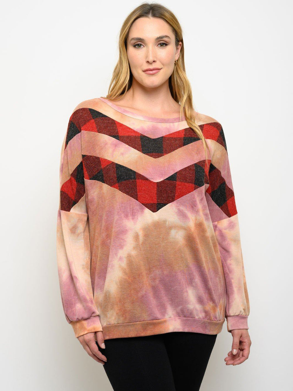 PLUS SIZE TIE DYE PLAID DETAIL LONG SLEEVE TOP