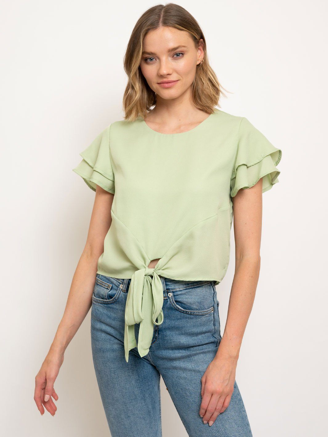 WOMEN'S FLUTTER DOUBLE SHORT SLEEVE FRONT TIE TOP