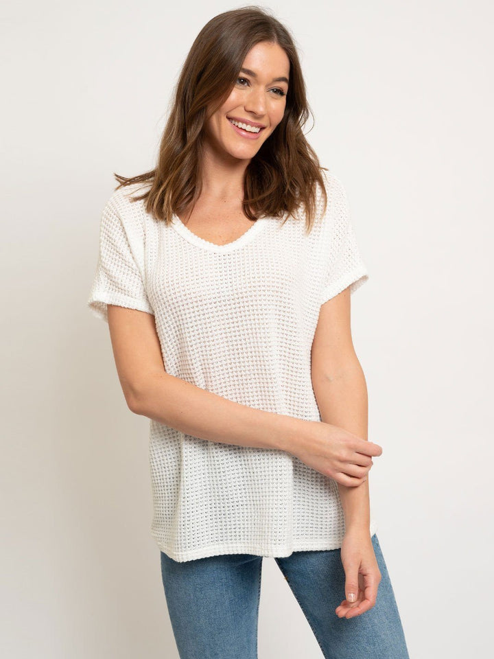 HEAVY WAFFLE SCOOP NECK SHORT SLEEVE TOP
