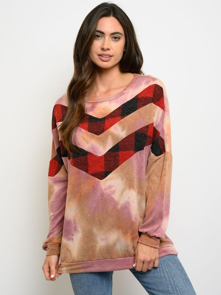 WOMEN'S PLAID TIE DYE PRINT LONG SLEEVE TOP