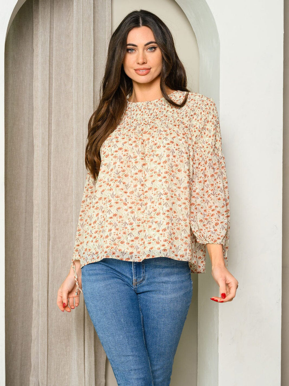 WOMEN'S 3/4 SLEEVE FLORAL SMOCK TUNIC TOP
