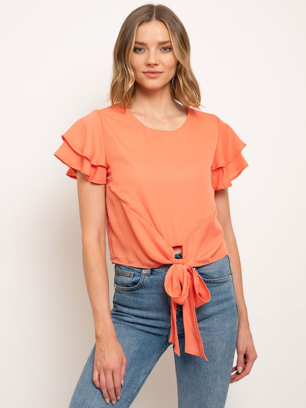 WOMEN'S FLUTTER DOUBLE SHORT SLEEVE FRONT TIE TOP