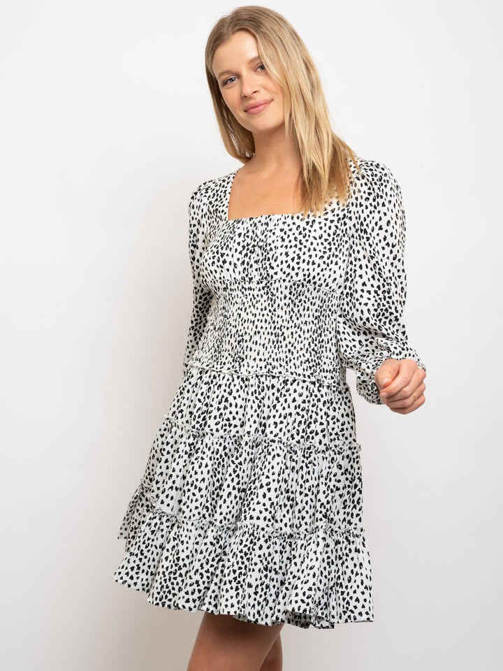 WOMEN'S LEOPARD PRINT LAYERED SMOCKING WAIST DRESS