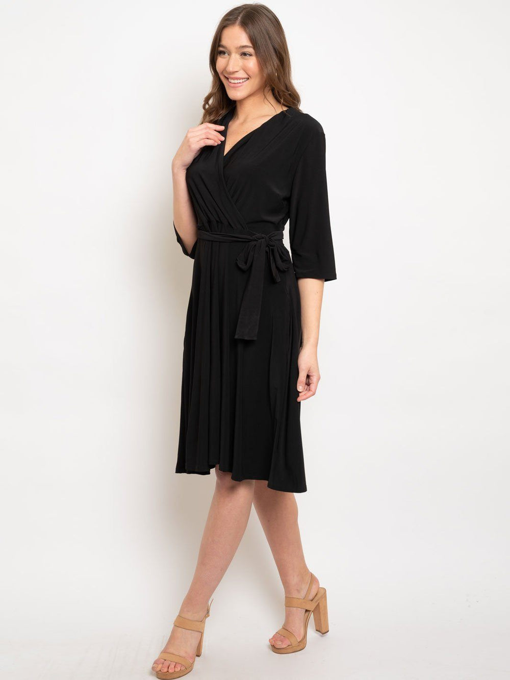 WOMEN'S BLACK WRAP 3/4 SLEEVES MIDI DRESS
