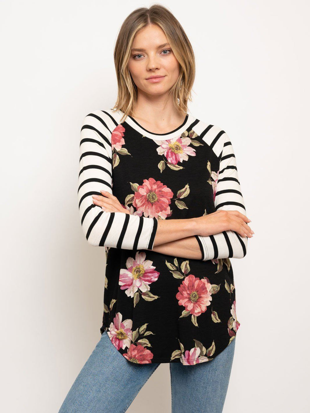 WOMEN'S BASEBALL TEE 3/4 SLEEVE STRIPES FLORAL BODY TOP