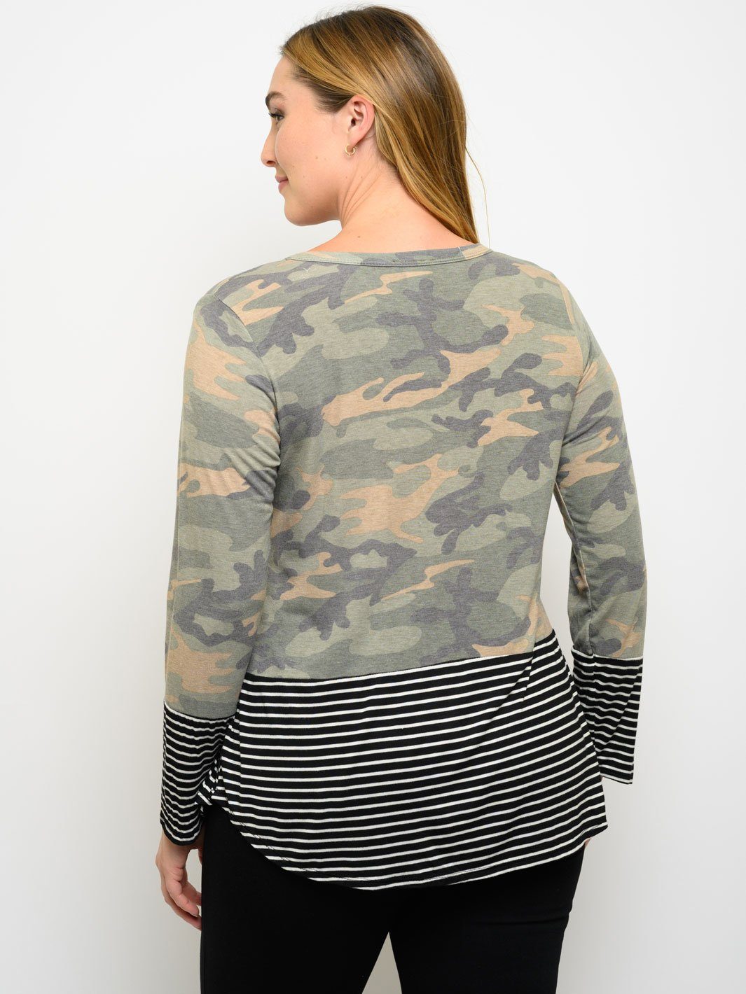 PLUS SIZE LONG SLEEVE CAMO STRIPES PRINT SEQUIN POCKET TOP