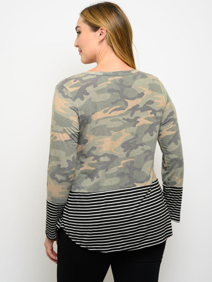 PLUS SIZE LONG SLEEVE CAMO STRIPES PRINT SEQUIN POCKET TOP