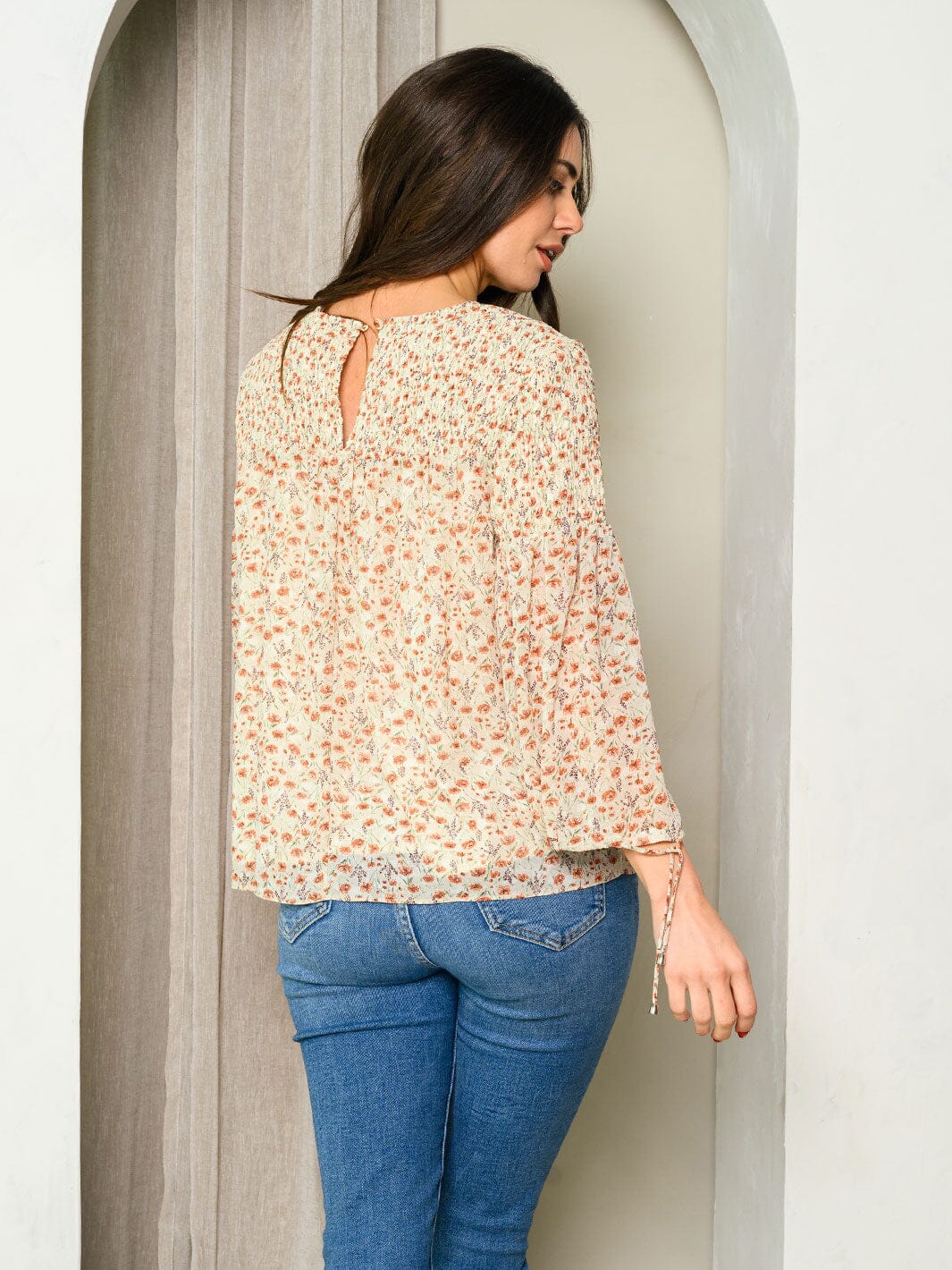 WOMEN'S 3/4 SLEEVE FLORAL SMOCK TUNIC TOP