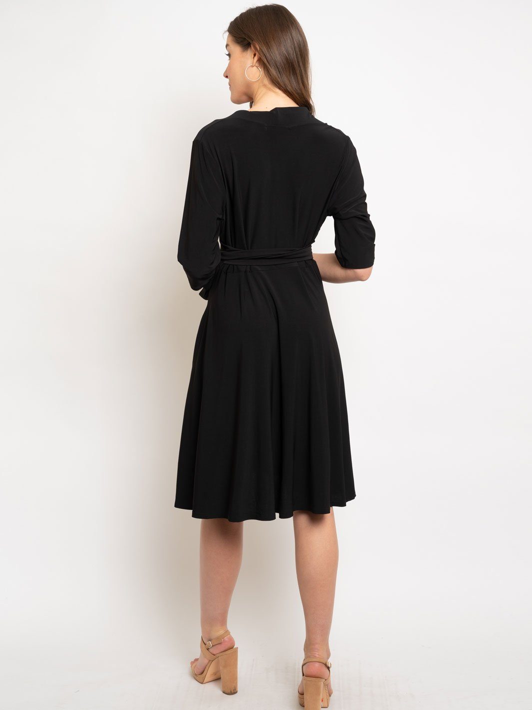 WOMEN'S BLACK WRAP 3/4 SLEEVES MIDI DRESS