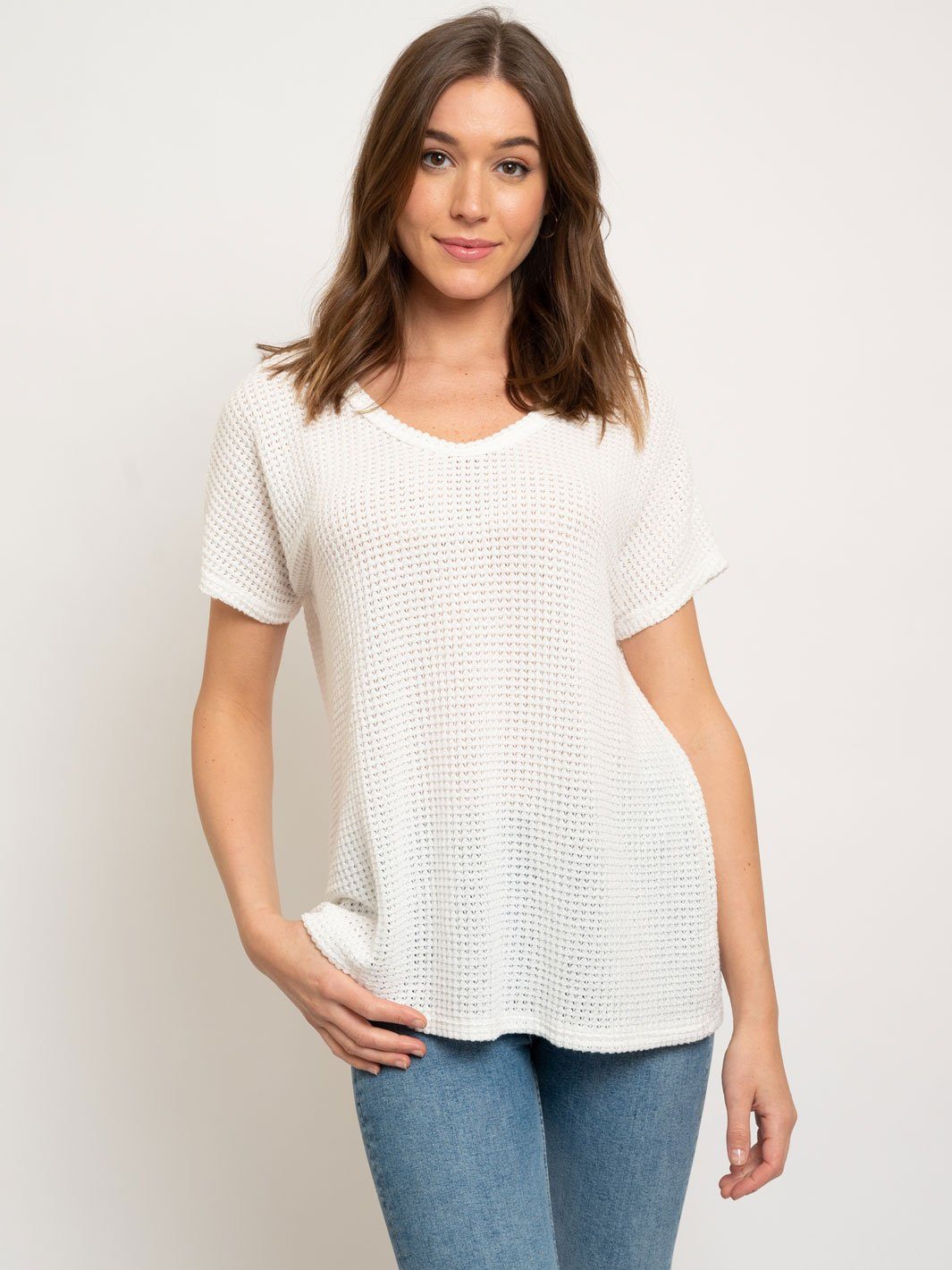 HEAVY WAFFLE SCOOP NECK SHORT SLEEVE TOP