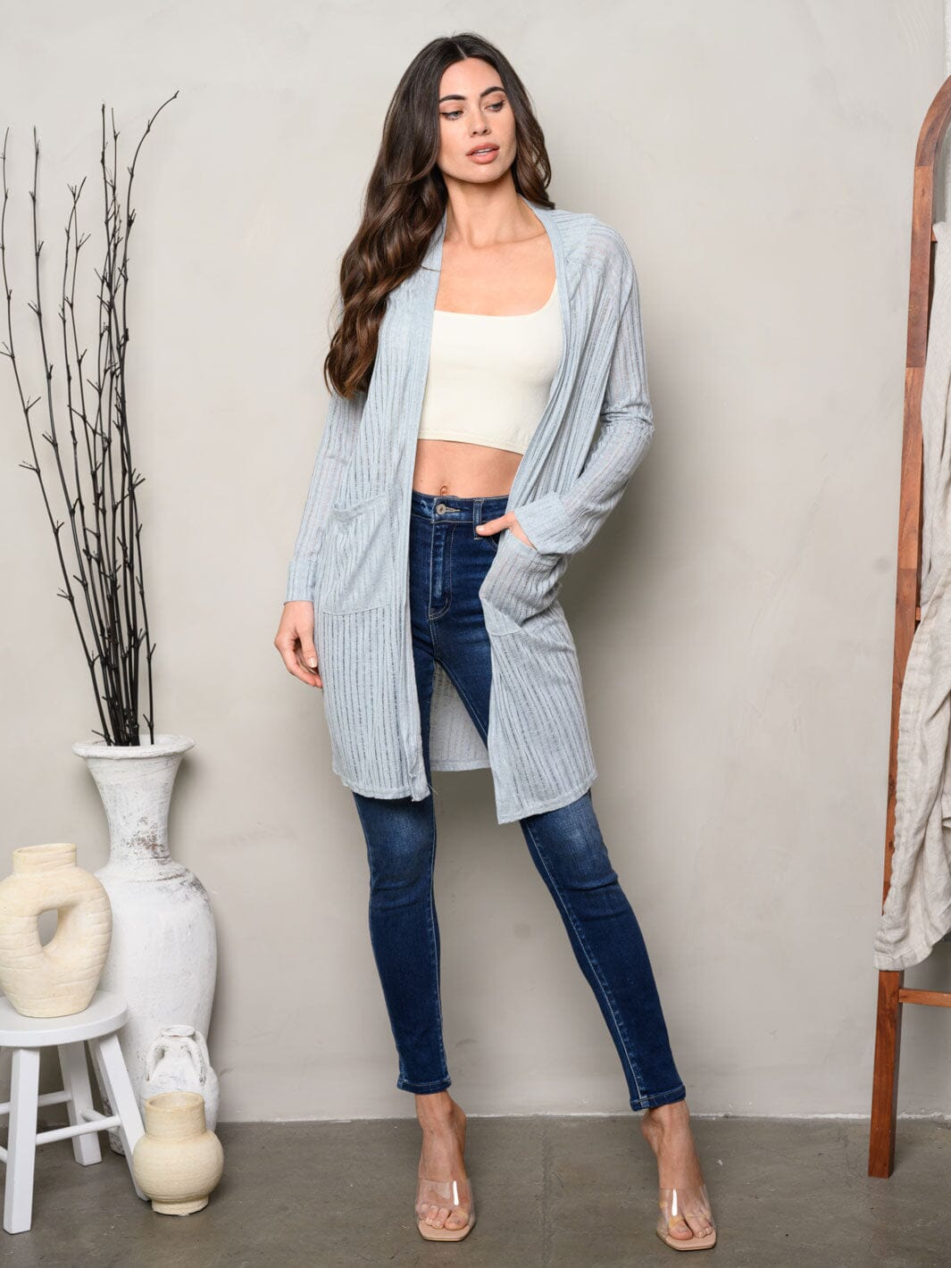 WOMEN'S LONG SLEEVE OPEN FRONT POCKETS CARDIGAN