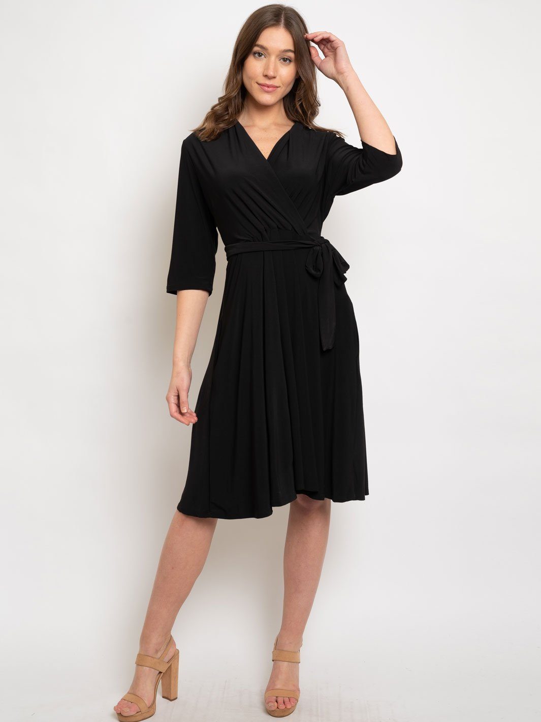 WOMEN'S BLACK WRAP 3/4 SLEEVES MIDI DRESS