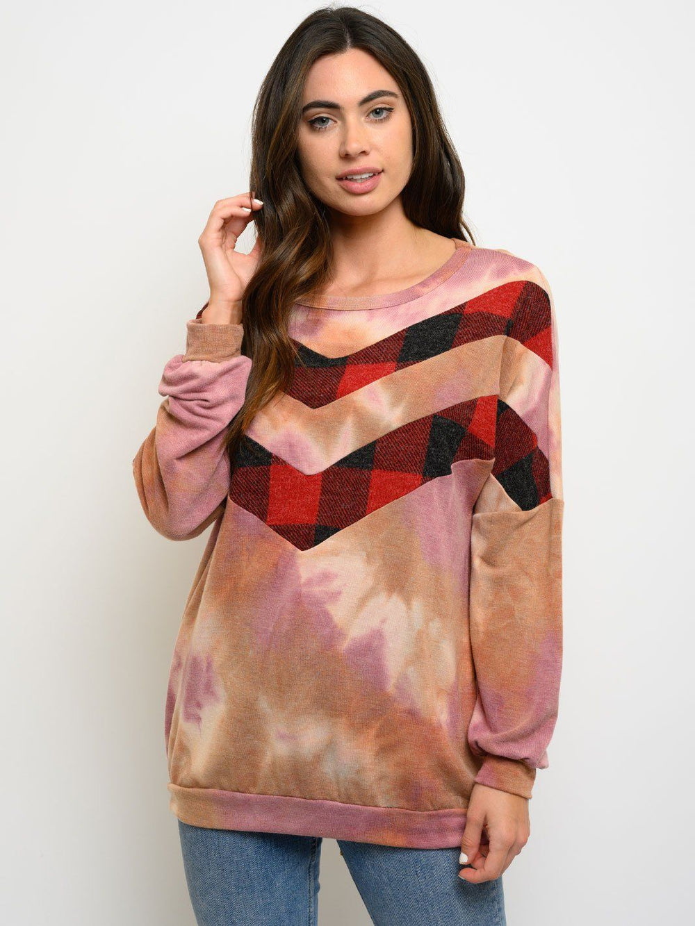 WOMEN'S PLAID TIE DYE PRINT LONG SLEEVE TOP