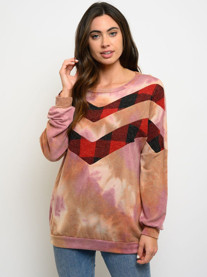 WOMEN'S PLAID TIE DYE PRINT LONG SLEEVE TOP