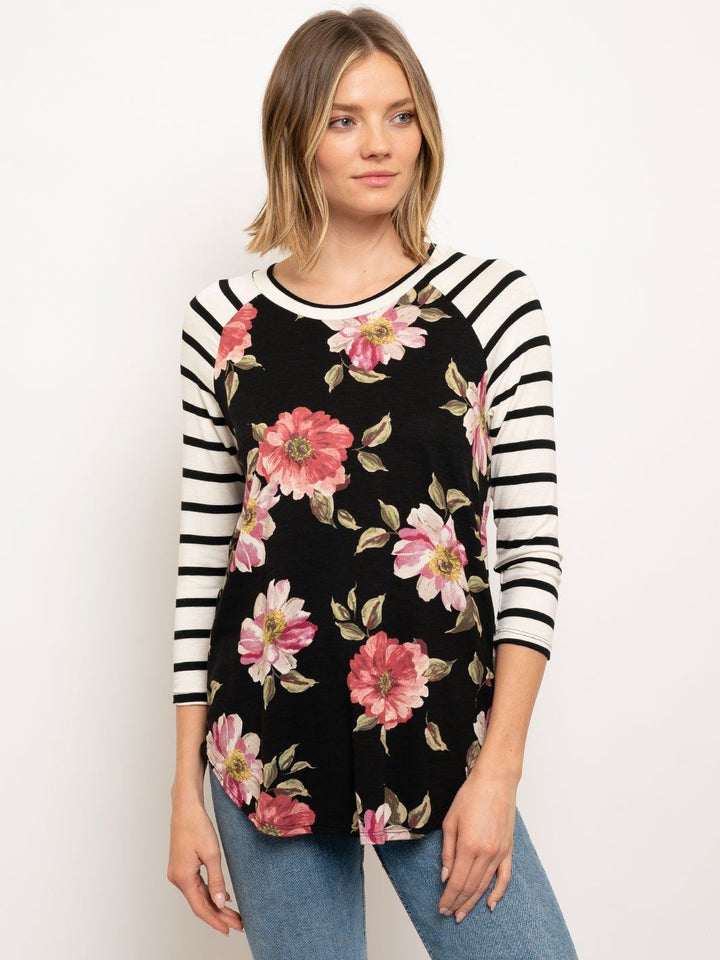 WOMEN'S BASEBALL TEE 3/4 SLEEVE STRIPES FLORAL BODY TOP