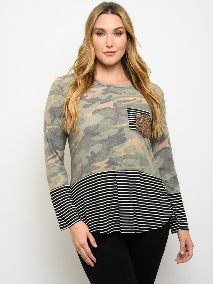 PLUS SIZE LONG SLEEVE CAMO STRIPES PRINT SEQUIN POCKET TOP