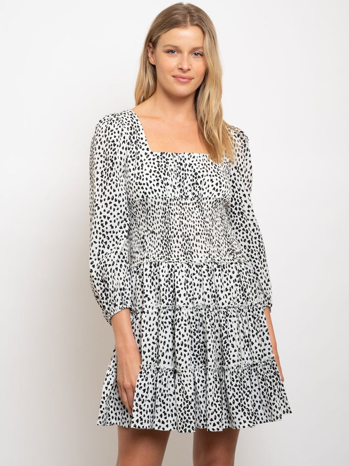WOMEN'S LEOPARD PRINT LAYERED SMOCKING WAIST DRESS