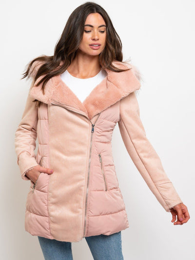 WOMEN'S LONG HOODED FAUX FUR-LINED SUEDE QUILTED COAT