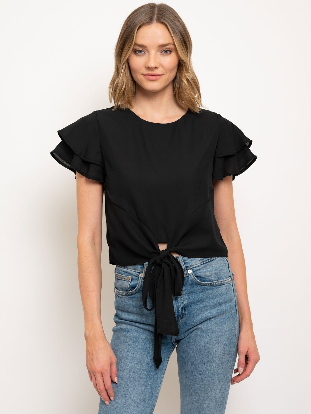 WOMEN'S FLUTTER DOUBLE SHORT SLEEVE FRONT TIE TOP