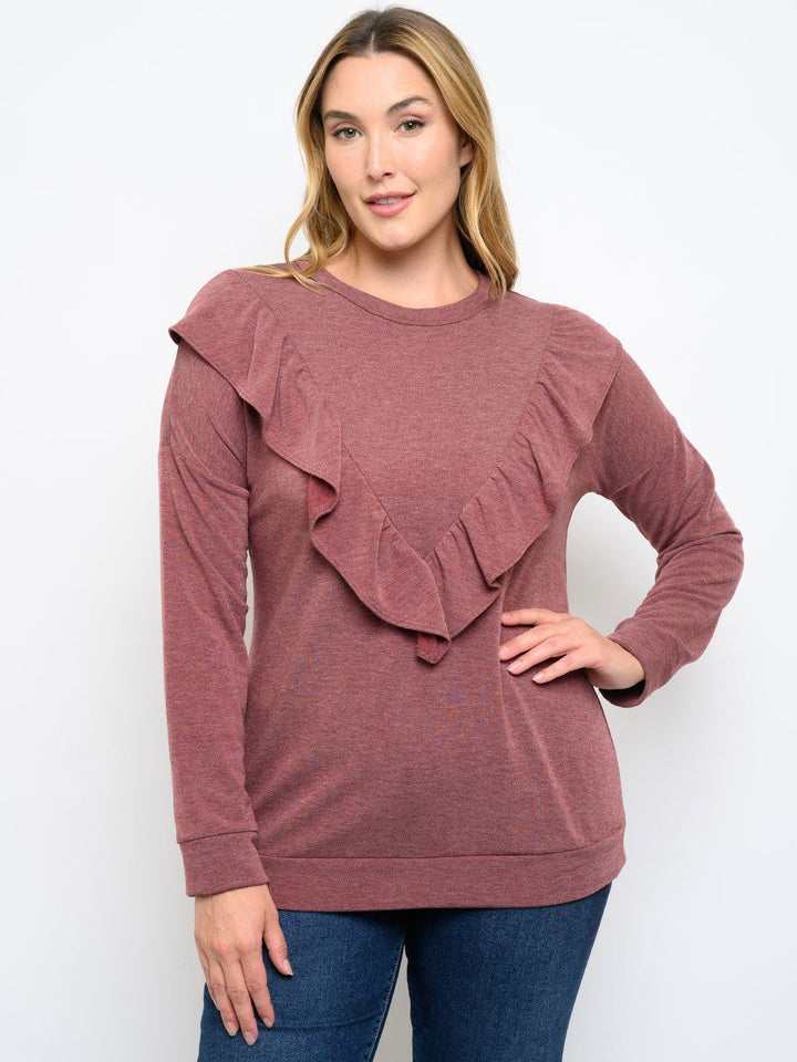 PLUS SIZE LONG SLEEVE RUFFLE DETAIL TOP