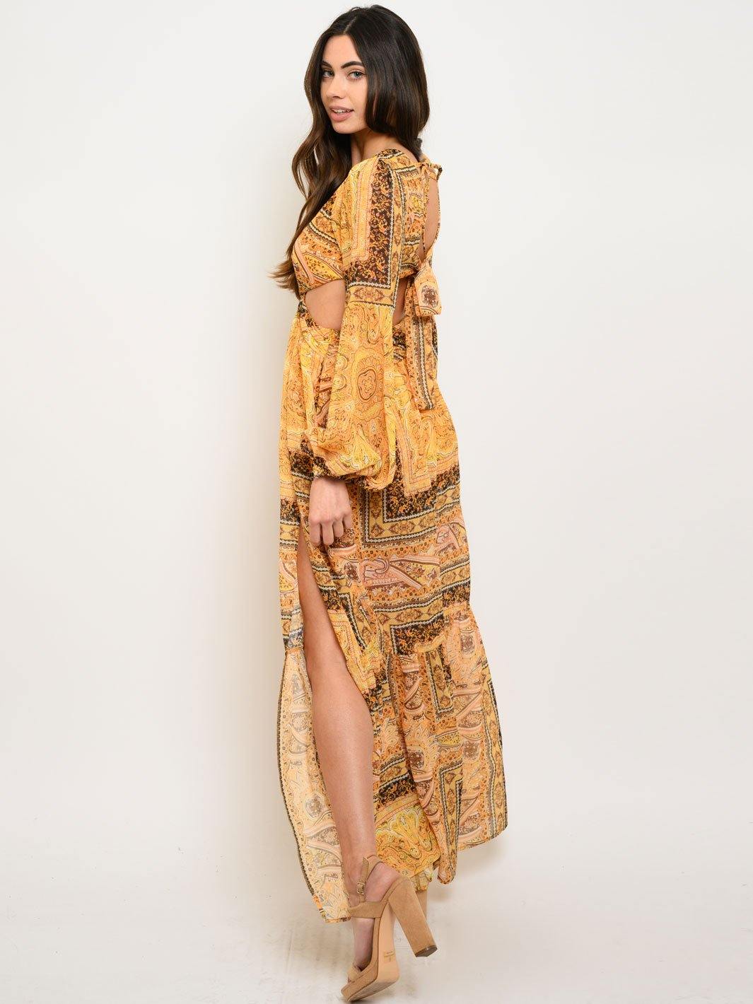 WOMEN'S PAISLEY BORDER CUTOUT MAXI DRESS