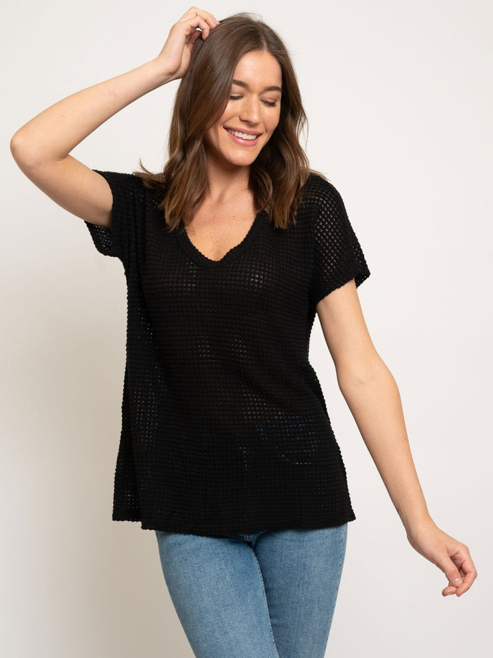 HEAVY WAFFLE SCOOP NECK SHORT SLEEVE TOP